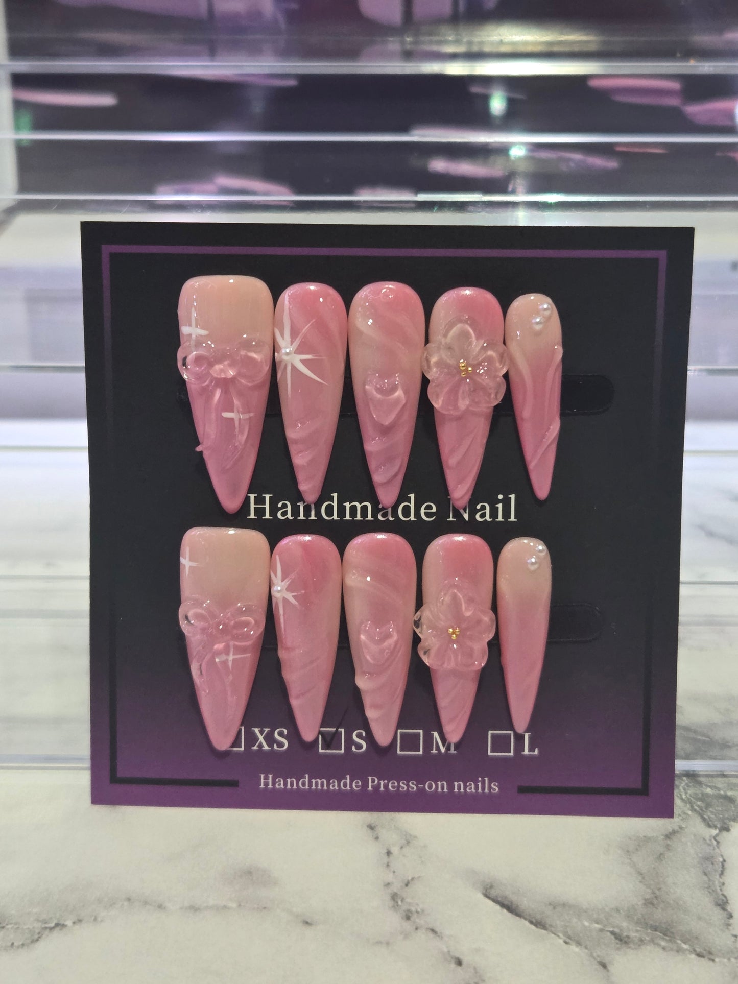 Pink 3D Flower and Bow Stiletto Nails