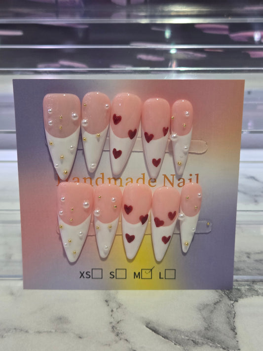 White French Tip Stiletto Nails With Hearts