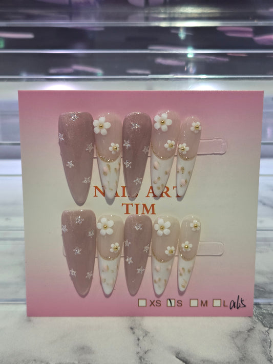 White and Pink Floral Stiletto Nails