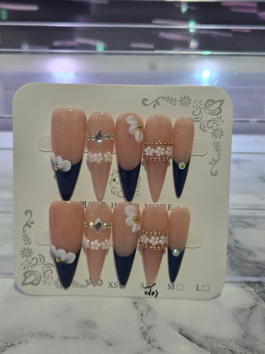 Navy Blue French Stiletto Nails With Bangles