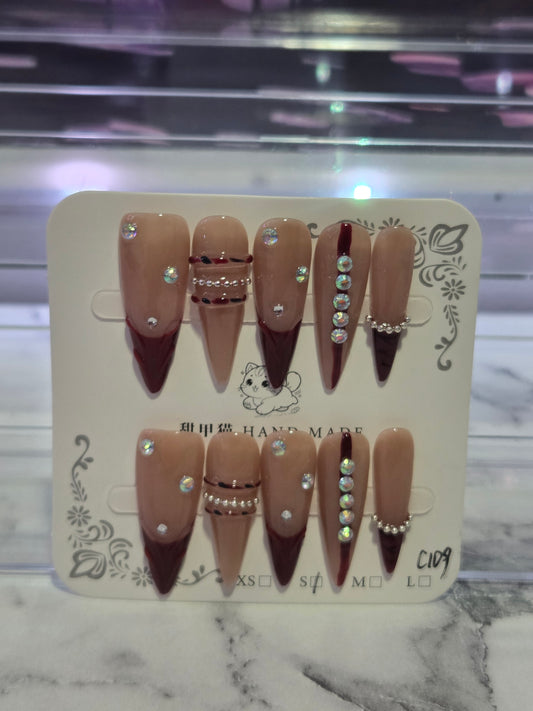 Red French Stiletto Nails With Bangles