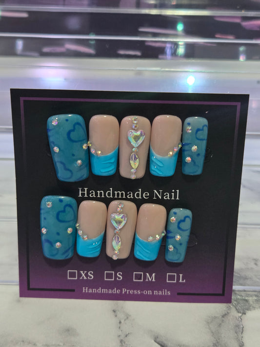 Blue French Tip Coffin With Hearts and Rhinestones