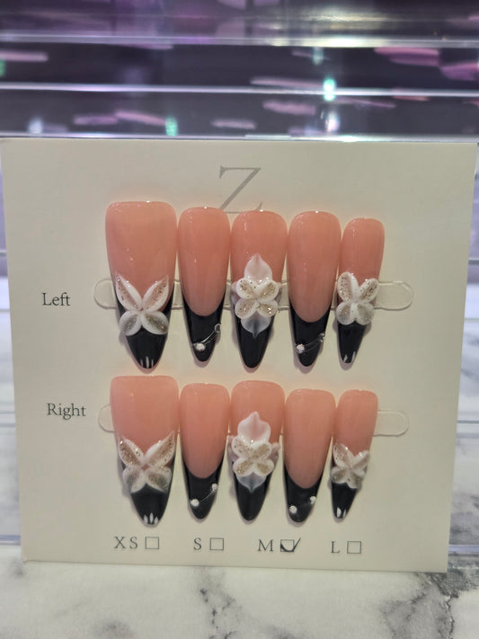 Black French Tip Stiletto Nails With Flowers