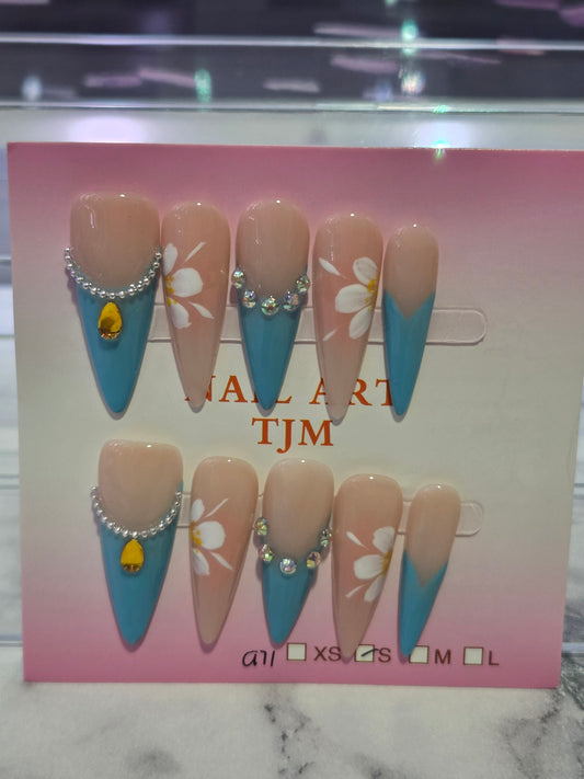 Blue French Tip Stiletto Nails With Flowers