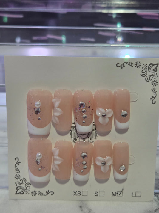 White French Tip Coffin With Rhinestones