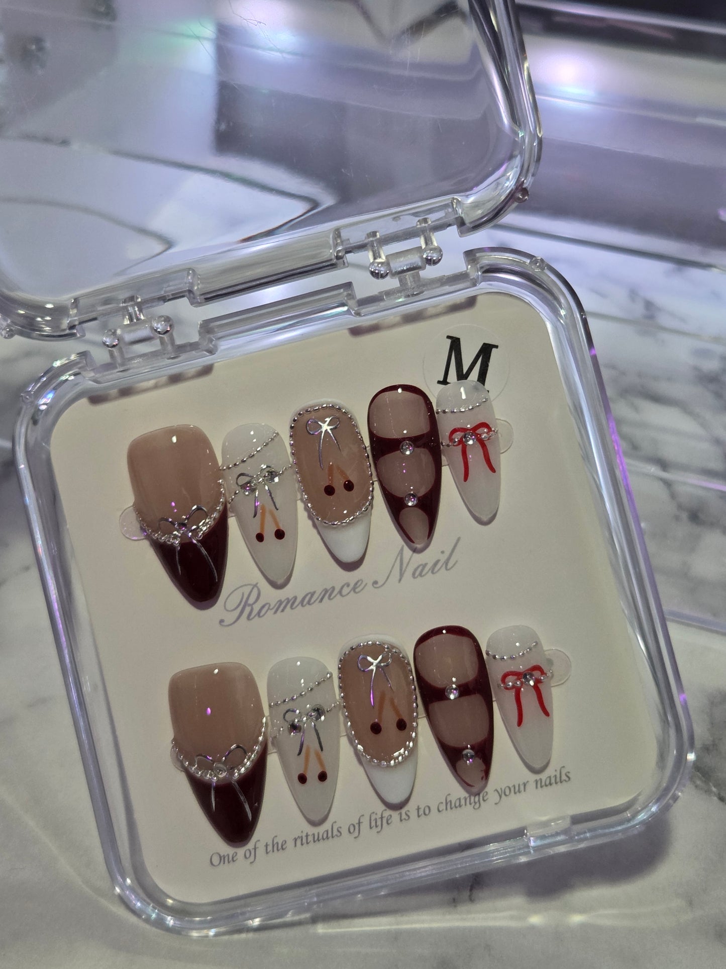 White and Red Cherry Almond Nails
