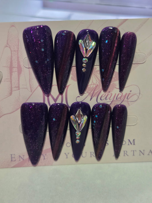 Purple Cat-Eye Stiletto Nails With Rhinestones