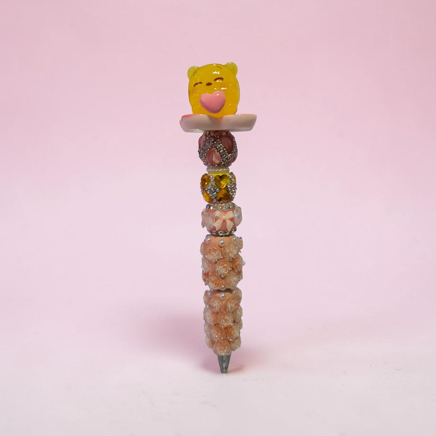 Peach Beaded Pen With Yellow Bear