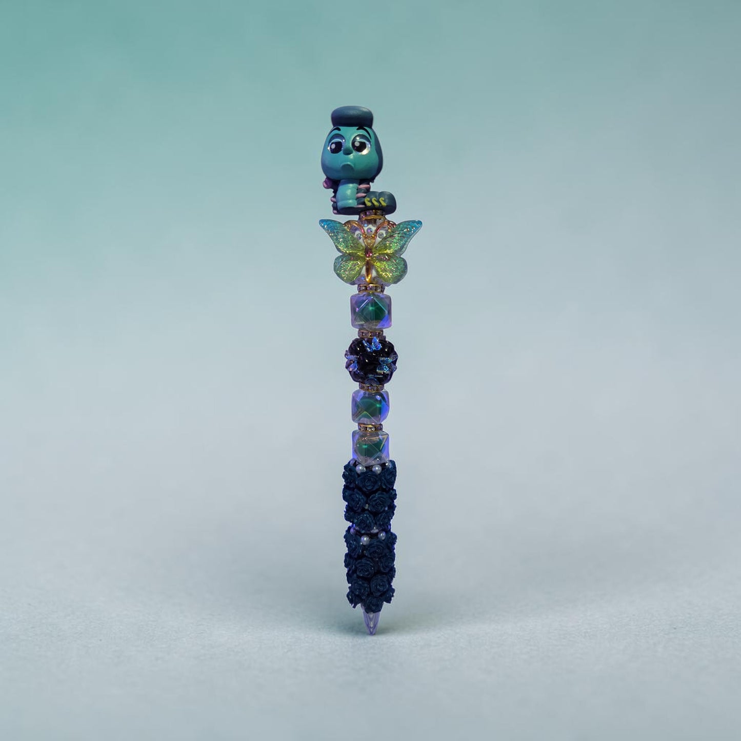 Blue Caterpillar Extended Beaded Pen