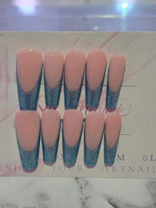 Blue Glitter French Tip Coffin Nails